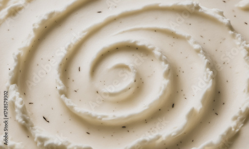 Vanilla Bean Ice Cream Macro Texture with Scoop Ridges in Circular Swirl, Photorealistic Food Background