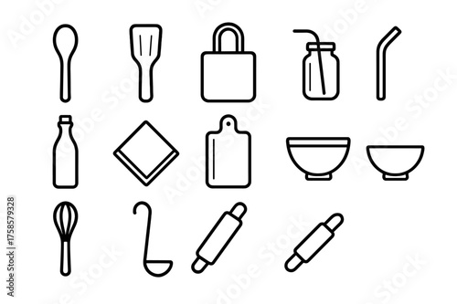 Eco-Friendly Kitchen Icons. Eco-friendly kitchen. Line icon set of Eco-friendly kitchen: wooden spoon, bamboo spatula, reusable bag, mason jar, metal straw,