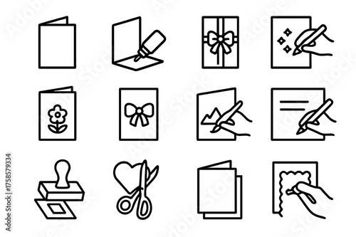 Card Assembly Icons. Card assembly. Line icon set of Card assembly: folding card, gluing paper, attaching ribbon, arranging stickers, adding embellishments,