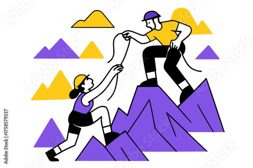 Dynamic Climbing Duo. Rock climbing duo. Two climbers helping each other, one reaching down with a rope, the other stretching upward. Floating shapes form a
