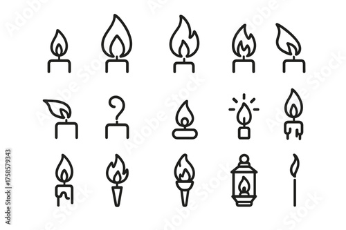 Candle Flame Icons. Candle flame styles. Line icon set of Candle flame styles: small flame, big flame, flickering flame, double flame, sideways