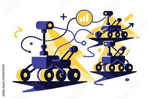 Rover Coordination on Mars. Mars rover teamwork. Multiple glowing rovers exploring in formation, abstract floating lines connecting them, light beams