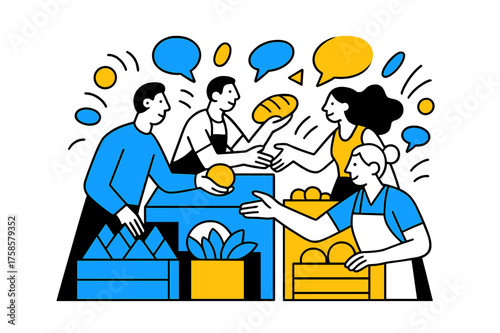 Vibrant Market Interaction. Public market. People exchanging goods at colorful stalls, hands passing fruit and bread, abstract floating shapes showing lively