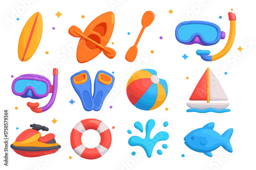 3D Water Activity Icons. Water activities. 3D icons set of water activities: surfboard, kayak, paddle, swimming goggles, snorkel mask, diving fins, beach ball,