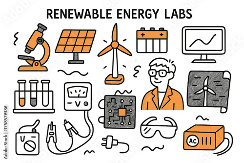 Renewable Energy Lab Doodles. Renewable energy labs. Hand-drawn doodle illustration renewable energy labs microscope (accented), solar panel, wind turbine
