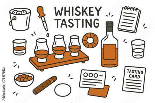 Whiskey Tasting Essentials. Whiskey tasting. Hand-drawn doodle illustration whiskey tasting flight board (accented), tasting glasses (accented), whiskey bottle