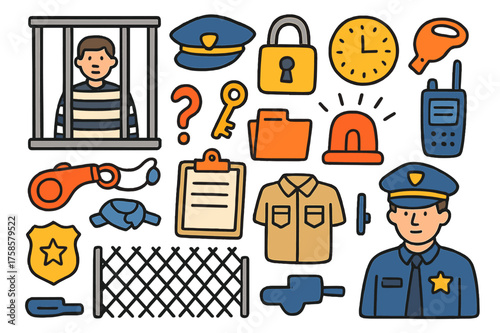Playful Prison Doodles. Prison. Colorful Hand-drawn doodle Children illustration Jail cell, lock, key, bars, whistle, guard hat, clock, siren, walkie-talkie,