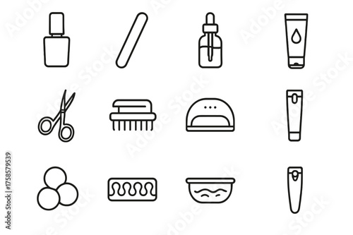 Nail Care Icons. Nail care products. Line icon set of Nail care products: nail polish bottle, nail file, cuticle oil, nail buffer, manicure scissors, nail