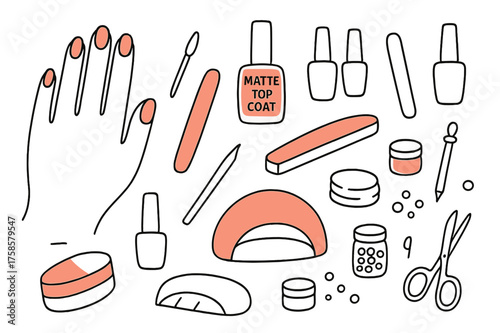 Nail Art Tools. Matte nails. Hand-drawn doodle illustration matte nails hand accented, matte top coat bottle accented, polish bottles, nail brush, nail file,