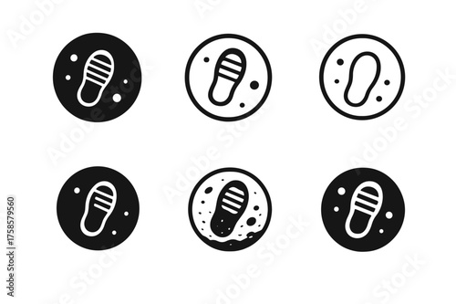 Footprints on Alien Terrain. The first human footprint on an alien world. Set Logo of Space exploration: moon or planet crater. harmonious logo variations of