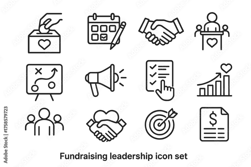 Fototapeta premium Fundraising Icon Set. Fundraising leadership. Line icon set of Fundraising leadership: donation box, event planning, sponsor handshake, campaign, strategy