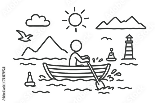 Rowing Adventure Doodle. Rowing a boat. Hand-drawn doodle illustration rowing a boat wooden rowboat, crossed oars, paddler sitting, flowing water, water