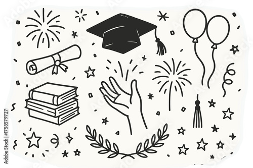 Graduation Celebration Doodles. Graduation celebration. Hand-drawn doodle illustration celebrating a graduation with a cap toss cap silhouette, diploma rolled,