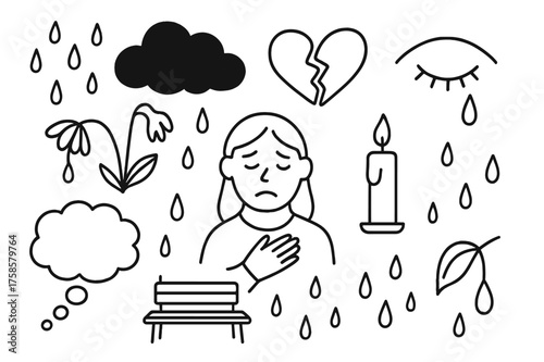 Symbolic Sorrow Icons. Sorrow. Hand-drawn doodle illustration sorrow tear, broken heart, sad face, wilted flower, rain cloud, candle, dark cloud, drooping