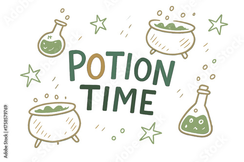Doodle Potion Magic. Potion Time ? Doodle / Sketch, playful hand-drawn strokes, tilted casual layout with doodle stars, cauldrons, and bubbling potions