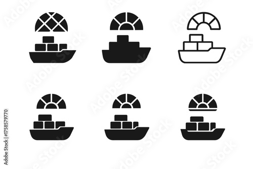 Futuristic Cargo Ship Logos. Future of transportation. Set Logo of Future of transportation: Solar-assisted electric cargo ship. harmonious logo variations of