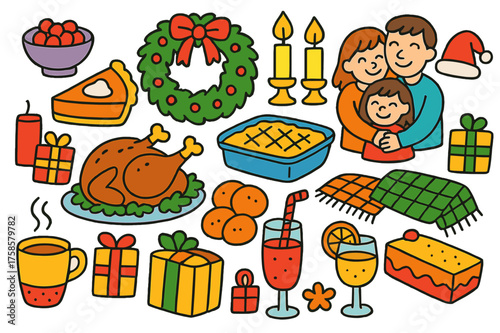 Festive Holiday Feast. Holiday feast. Colorful Hand-drawn doodle Children illustration turkey, cranberry sauce, pumpkin pie, casserole dish, candles, wreath,