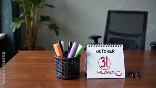 Desk calendar shows October 31st Halloween date with spooky spider decoration