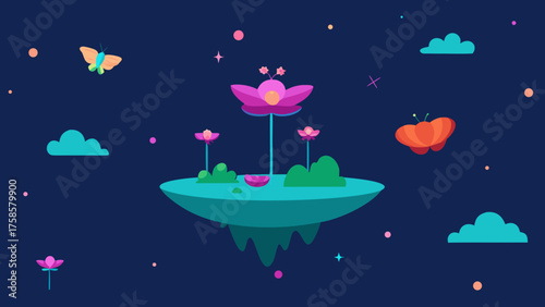 Whimsical floating island with fantastical flowers and butterflies against a starry night sky