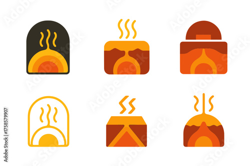 Geothermal Energy Logos. Heat radiating from rocks. Set Logo of Geothermal energy: magma chamber cross-section. harmonious logo variations of the
