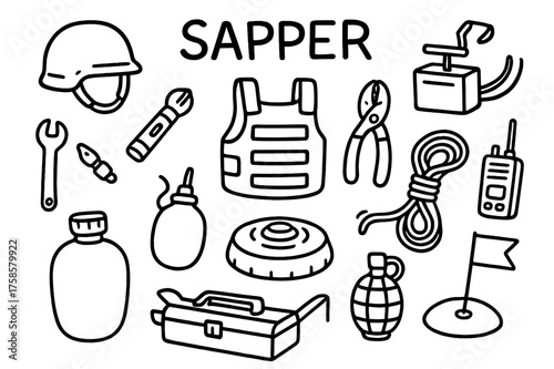 Sapper Tools Illustration. Sapper. Hand-drawn doodle illustration sapper helmet, bulletproof vest, detonator, pliers, rope, flashlight, walkie-talkie, grenade,