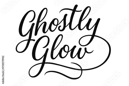 Elegant Script Hand-Lettering. Ghostly Glow ? Script Hand-Lettering, flowing brush-style cursive with elegant connectors, arched composition, sweeping tails