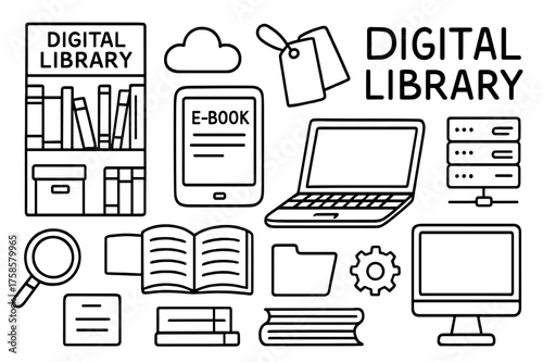 Digital Library Icons. Digital library. Hand-drawn doodle illustration digital library bookshelf, e-book, tablet, laptop, cloud, archive box, tags, magnifying