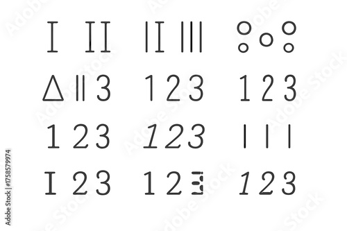 Numeral Icon Set. Numeral styles. Line icon set of Numeral styles: roman numerals, arabic numerals, stick markers, dot markers, triangle markers, luminous