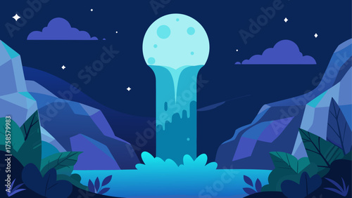 Stylized waterfall under a full moon at night
