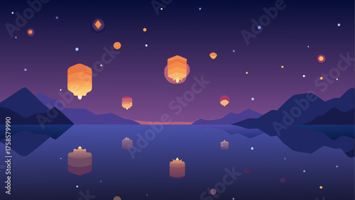 Floating lanterns reflecting on a calm lake under a starry night sky