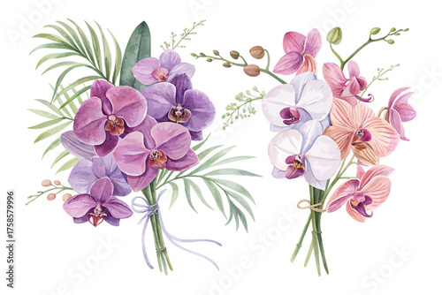 Watercolor Orchid Bouquet for Tropical Invitations isolated on white background