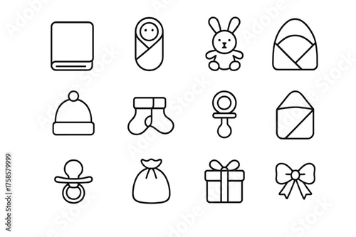 Swaddle Gift Icon Set. Swaddle gift set. Line icon set of Swaddle gift set: baby blanket, swaddle wrap, bib, soft toy, baby hat, socks, rattle, hooded towel,