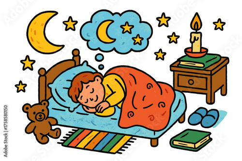 Children's Cozy Bedtime. Peaceful Rest. Colorful Hand-drawn doodle Children illustration Peaceful Rest curled up figure, bed, soft sheets, pillow, blanket,