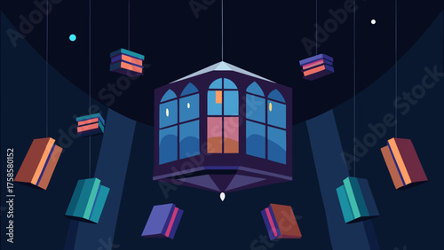 Whimsical hanging books surround a glowing lantern structure at night