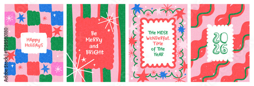 Merry Christmas and Happy New Year greeting card, banner, poster, cover templates. Modern bright Xmas design with doodle elements, frames, stripes and checkered pattern, waves, snowflakes, stars.