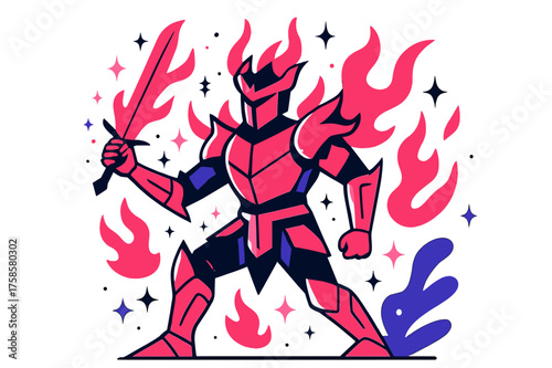 Fiery Flame Armor. Flame armor. A glowing fiery red suit with sharp edges, abstract floating flames, sparks, and stars showing ferocity and destruction. Modern