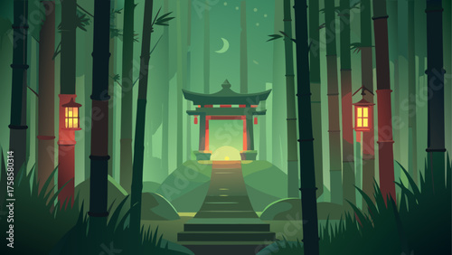 Mysterious bamboo forest with glowing shrine and lanterns at night