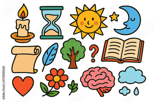 Vibrant Doodle Existence. Existence. Colorful Hand-drawn doodle Children illustration Candle, hourglass, book, scroll, feather, tree, sun, moon, star, flower,