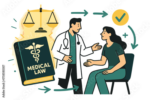 Medical Law Illustration. Legal compliance. A glowing medical law book and scales hovering above a doctor and patient, abstract floating arrows showing