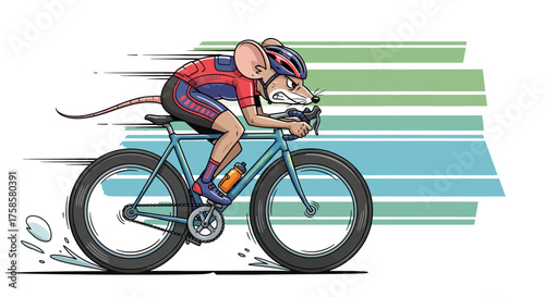 Mouse on a bicycle racing with determination pedaling hard with a determined look against abstract lines perfect for sports illustrations.