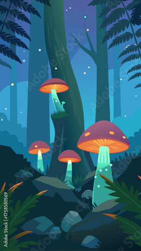 Enchanted forest with glowing mushrooms and fireflies at night