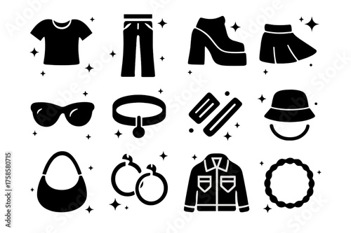 Pop Culture Icons. Pop Culture Fashion. Solid icons set of Pop Culture Fashion: Baby Tee, Low-Rise Jeans, Platform Shoes, Mini Skirt, Sunglasses, Choker, Hair