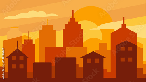 Minimalist cityscape silhouette at sunset with warm orange hues