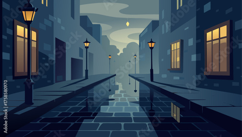 Empty cobblestone street at night with glowing streetlights and reflections