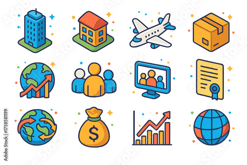 Multinational Icons Set. Multinational corporations. Colorful isometric vector icons set of multinational corporations: office tower, satellite office,