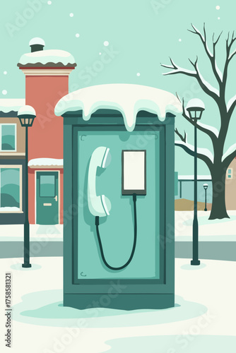 Ice-covered phone booth in a snowy winter landscape
