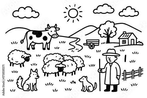 Pastoral Doodle Icons. Pastoral. Hand-drawn doodle illustration pastoral sheep, cow, shepherd, dog, flock, grass, rolling hills, cottage, cart, river, tree,