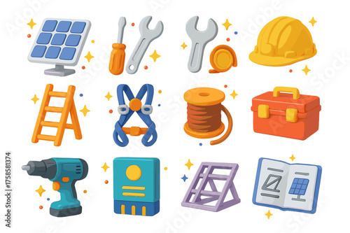 Solar Tools Icon Set. Solar installation tools. 3D icons set of solar installation tools: solar panel, screwdriver, wrench, hard hat, ladder, safety harness,