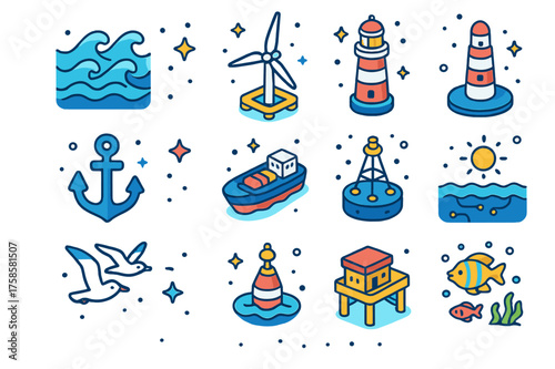 Colorful Offshore Icons Set. Colorful isometric vector icons set of offshore wind farms: ocean waves, floating wind turbine, lighthouse, anchor,