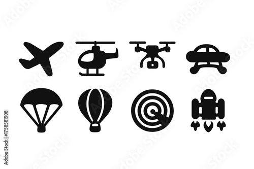 Air Mobility Icons. Air mobility. Filled icon set of Air mobility: airplane, helicopter, drone, flying taxi,